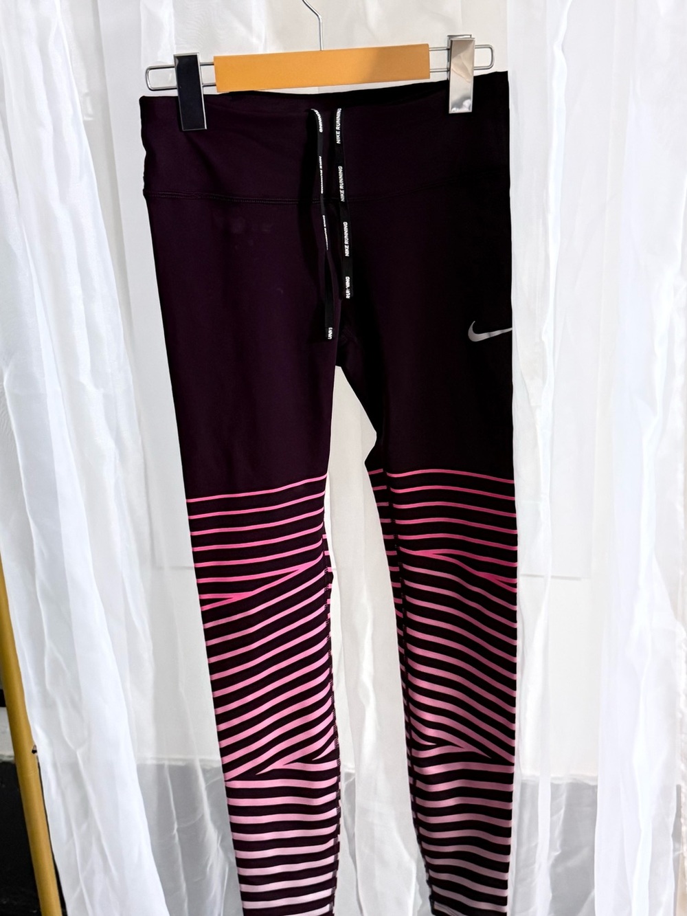 Nike Girls Black Leggings with Pink Striped Lower Legs